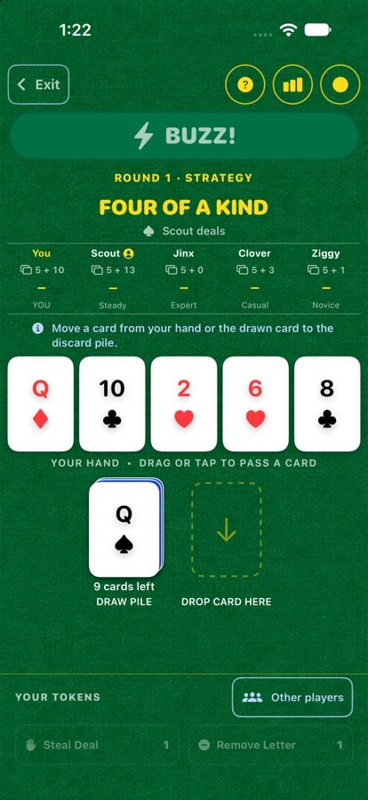 Buzz To Win app showing Round 1 Strategy mode — Four of a Kind target hand, player cards, draw pile, and token bar